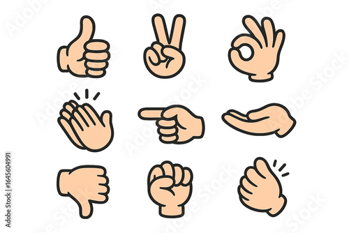 Hand gestures vector icon set. Cartoon emoji hands showing like, dislike, thumbs up, peace, victory, ok sign, pointing, clapping. Communication and emotion symbols.