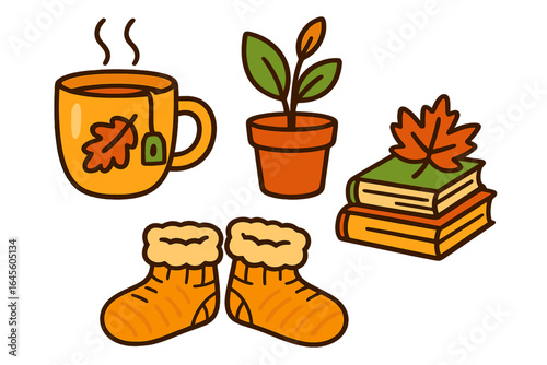 Cozy fall season icon set with hot tea, books, plant, and warm socks. Hygge lifestyle concept for relaxation at home. Autumn comfort vector cartoon illustration.