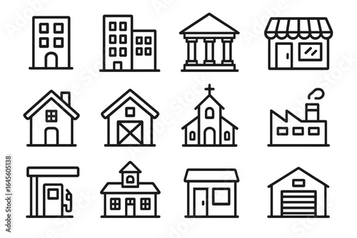 Building icon set. Simple line art collection of city and town structures. Real estate symbols for web, ui, ux. House, office, bank, store, church, factory vector icons.