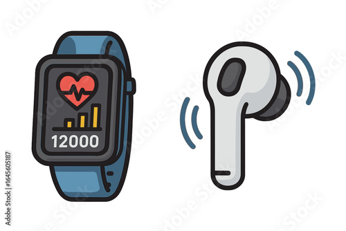 Smartwatch and wireless earphone vector icon set. Fitness tracker for health and activity monitoring. Gadget for step counting, heart rate, and pulse. Listen to music.
