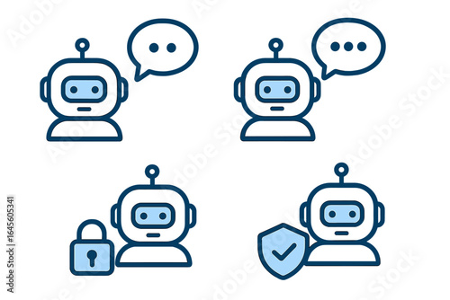 AI chatbot vector icon collection. Modern robot for customer support and secure communication. Includes chat bubble, lock, and shield symbols for online consultation.