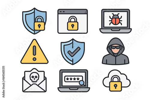 Cybersecurity icon set. Hacker, virus, and phishing protection symbols. Data security, password safety, and secure cloud storage. Antivirus shield, padlock, and warning signs.