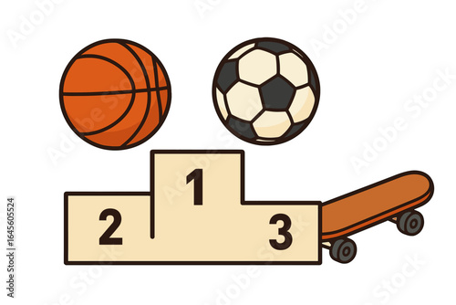 Sports competition icon set. Vector illustration of basketball, soccer ball, skateboard and winner's podium. Concept for championship, victory, game, tournament, athletic achievement.