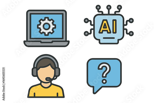 Tech support icon set. Customer service, call center operator with headset. AI chatbot assistance, FAQ and helpdesk. Online technical help, laptop configuration vector.
