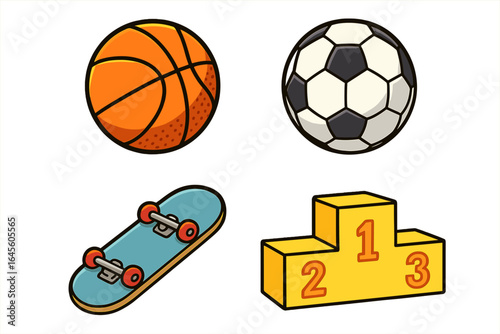 Sports equipment icon set with basketball, soccer ball, skateboard, and winner's podium. Vector cartoon collection for competition, championship, and athletic games design.