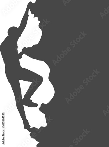 Silhouette of a climber scaling a steep rock face.
