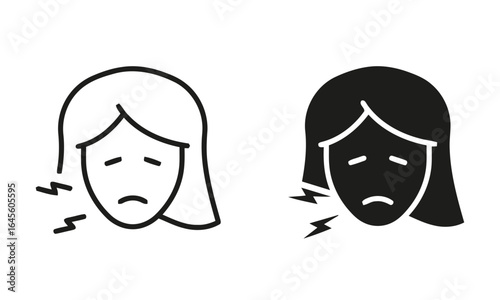 Woman with headache, distressed facial expression.
