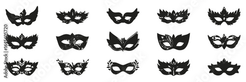 Black carnival masks in a grid pattern.