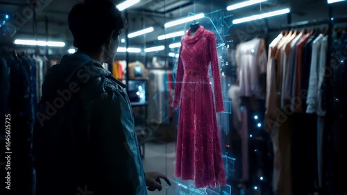 Wallpaper Mural A man in a blue jacket is interacting with a digital interface in a clothing store. The interface is illuminated with blue lights, and the mans hand is touching it. Torontodigital.ca
