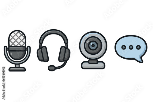 Online communication and streaming icon set. Cartoon vector microphone, headset, webcam, and chat bubble for podcast, webinar, meeting, or technical support concept.