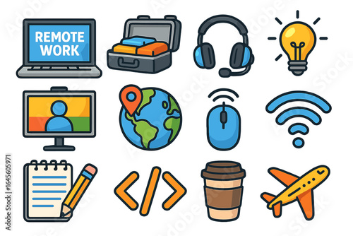 Digital nomad and remote work colorful icon set. Vector illustration collection for freelance, travel and online business concept. Elements for working from anywhere.