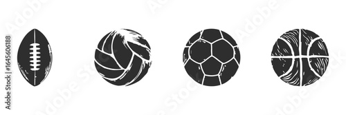 Four sports balls: football, volleyball, soccer, and basketball.