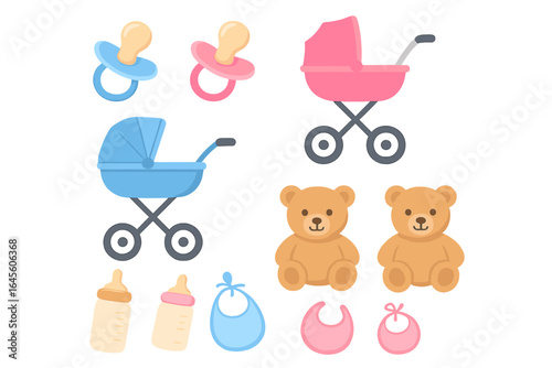 Vector set of cute baby accessories for a newborn boy and girl. Flat cartoon illustration of pink and blue stroller, pacifier, bottle, bib, and teddy bear toy. Isolated icons.