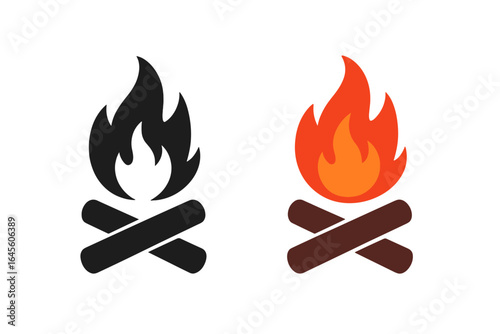 Campfire icon set in flat design. Bonfire with burning wood logs symbol. Black and color vector illustration of fire flame. Concept for camping, heat, danger, warmth.