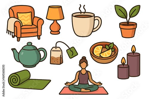 Cozy home relaxation essentials icon set. Vector cartoon illustration of yoga, meditation, tea time, and hygge lifestyle items. Self-care, wellness, and mindfulness concepts.