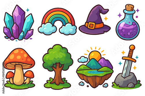 Fantasy game icon set. Magic cartoon stickers collection. Crystal, rainbow, witch hat, potion, mushroom, excalibur sword, floating island, tree. Vector illustration elements.