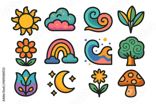 Set of colorful nature icons. Sun, cloud, rainbow, wave, flower, tree, moon, mushroom. Psychedelic groovy 70s retro sticker pack. Cute cartoon fantasy vector elements.