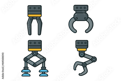Set of robotic grippers and industrial manipulator claws for manufacturing automation. Vector icon collection of machinery parts, clamps, and automated factory equipment.