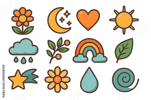 Cute retro cartoon icon set. Collection of groovy nature, weather, and celestial sticker elements. Sun, moon, star, rainbow, flower, heart, and cloud vector symbols.