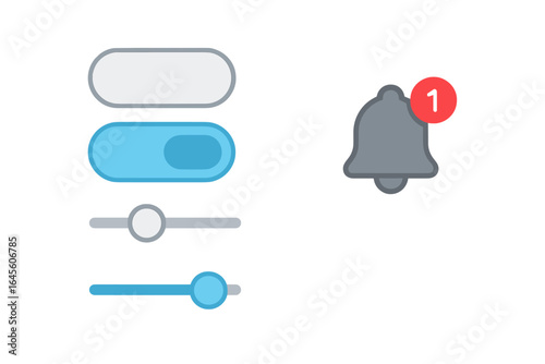 Modern user interface design kit with toggle switches, sliders, and a notification bell icon. Vector elements for mobile app and web design, including on and off buttons.