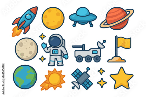 Space icon set. Colorful cartoon vector collection of astronaut, rocket, planet, Earth, Moon, Sun, UFO, satellite. Solar system exploration and astronomy elements.
