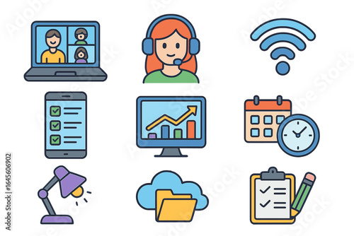 Remote work icon set. Home office and telecommuting concept. Business productivity tools and technology symbols. Online meeting, support, planning vector icons.