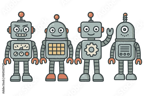 Set of cute cartoon robots. Retro robot character collection. Vintage cyborg mascot for kids. Funny android machine, future technology vector illustration on white background.