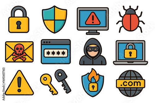 Cybersecurity icon set. Vector cartoon illustration of internet security, data protection, hacker, virus, spam, and firewall concepts. Digital safety and privacy elements.