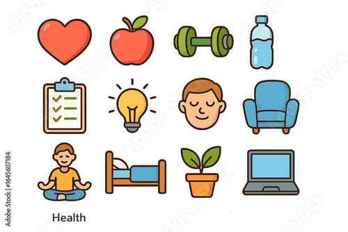 Work-life balance icon set. Healthy lifestyle habits for self-care, mental health, daily routine. Icons for fitness, yoga, sleep, nutrition, work. Wellness illustration.