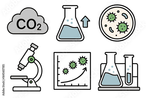 Science research icon set. CO2 emissions and microbiological growth concept. Laboratory experiment with virus, bacteria in petri dish. Microscope, flask, growth chart vector symbols.