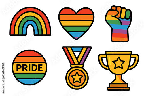 LGBTQ pride icon set with rainbow flag colors. Heart, fist, medal, trophy symbols for gay pride month. Celebrate diversity, love, equality. Vector cartoon stickers.