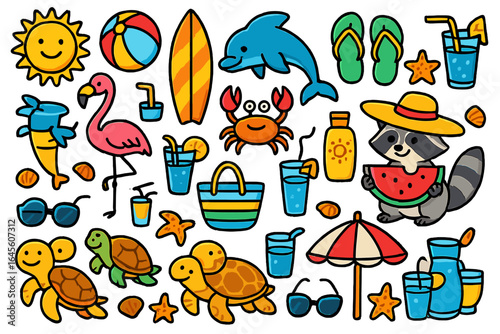 Cute cartoon summer beach icon set. Fun holiday travel doodle collection with animals: dolphin, crab, turtle, flamingo, raccoon. Vacation elements like sun, surf, & cocktail.