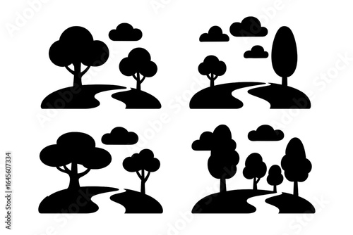Nature landscape icon set with tree silhouettes, winding path, and clouds. Minimalist black vector illustration collection for park, environment, or outdoor concepts.