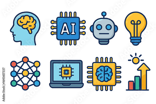 Colorful artificial intelligence icon set. Vector concepts for technology and innovation. AI, robot head, machine learning, neural network, brain, chip, idea and growth icons.