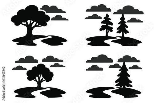 Set of minimalist nature landscape icons. Tree and path silhouette collection. Forest and park elements with clouds. Winding road vector graphic illustration. Black on white.
