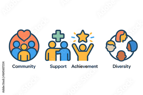 Community, support, achievement, diversity icon set. Teamwork, help, success, inclusion. Social values, collaboration, partnership, goal, victory, culture. Vector icons.