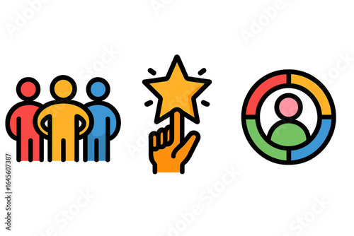 Business icons set. Community, teamwork, people. Success, achievement, star rating. Inclusivity, user data, customer profile. Vector graphic elements for web and mobile app.