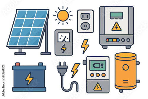 Set of solar power system elements. Photovoltaic panel, sun, battery, inverter for renewable green energy. Sustainable technology equipment vector cartoon icon collection.