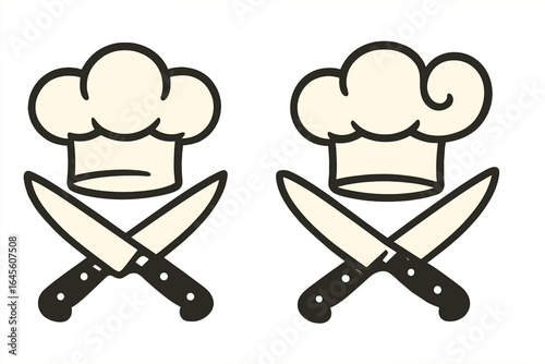 Chef hat and crossed knives logo icon set. Culinary school symbol, cooking masterclass emblem. Professional kitchen and restaurant sign. Vector cartoon illustration.