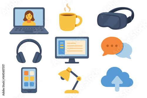 Remote work and home office icon set. Vector illustration of digital tools for modern lifestyle. Freelancer workspace, technology, communication, coffee and VR gear.