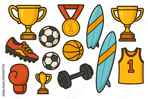 Sports equipment icon set. Vector cartoon collection of athletic gear for competition and winning. Includes trophy, medal, soccer ball, basketball, surfboard, and boxing glove.