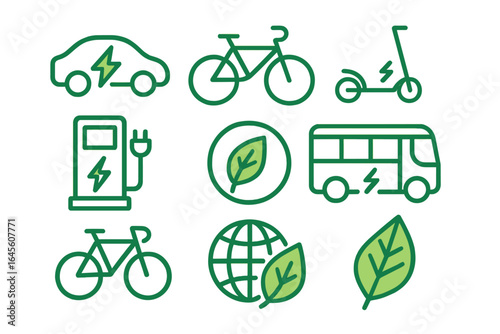 Eco friendly transport icon set. Green energy and sustainable transportation concept. Electric car, bike, scooter, bus and EV charging station line icons. Ecology vector.