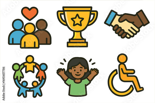 Community and teamwork icon set. Diversity, inclusion, and equality concept. Disability and accessibility symbol. Achievement, success, award, and handshake vector illustration.