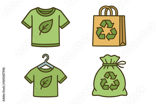 Sustainable fashion icons. Eco-friendly clothing. Textile recycling concept. Second hand, reuse, conscious consumption. Green t-shirt, leaf, hanger, bag vector illustration set.