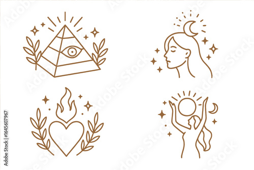 Boho mystic symbols set. Esoteric line art with pyramid, all-seeing eye, sacred heart, divine feminine goddess. Magic celestial woman, sun, and moon icons for logo design.