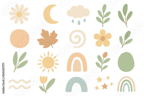 Boho abstract shapes set. Nature icons collection. Minimalist bohemian design elements. Cute modern vector art. Pastel rainbow, sun, moon, flower, leaf for baby shower decor.