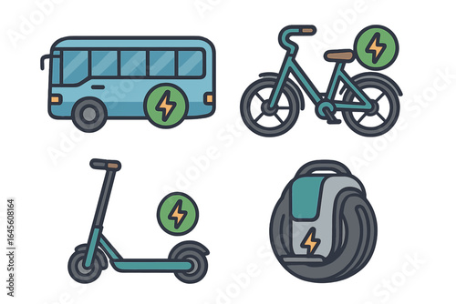 Set of electric transportation icons. E-bike, e-scooter, electric bus, and unicycle for modern urban mobility. Sustainable and eco-friendly city commuting concept vector.