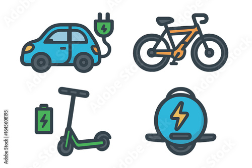 Electric transportation icon set for modern mobility. Sustainable urban commuting with EV car, e-bike, scooter, and monowheel. Eco friendly green energy vector graphic.