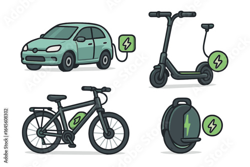Electric transportation icon set. E-mobility concept with car, scooter, bike, unicycle. Sustainable urban commuting, green energy. Eco friendly vehicle charging. Vector.