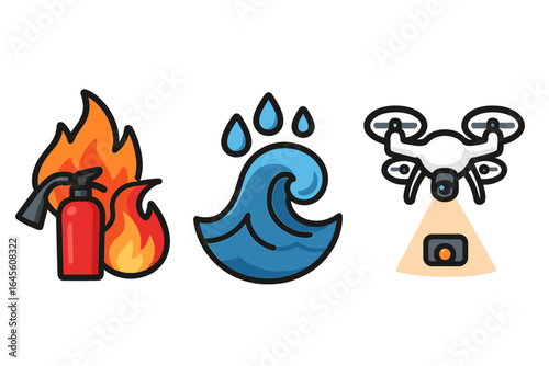 Emergency response icons for disaster management. Set includes fire extinguisher, water wave for floods, and drone for aerial surveillance. Vector cartoon safety symbols.